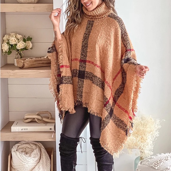 Women's oversized Plaid Dolman Sleeve Poncho Sweater Shawl Cape